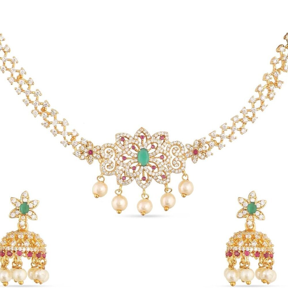 Indian Gold-Plated Brass Necklace and Earrings Set with Cubic Zirconia Women